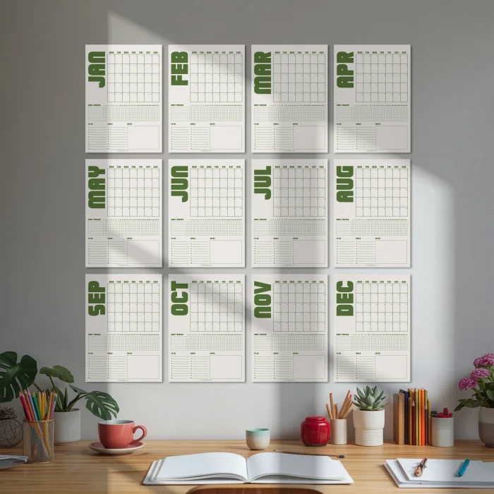 Tarihsiz Aylık Planlayıcı Takvim, Matcha Yeşil Retro Organizer Duvar Planlayıcı