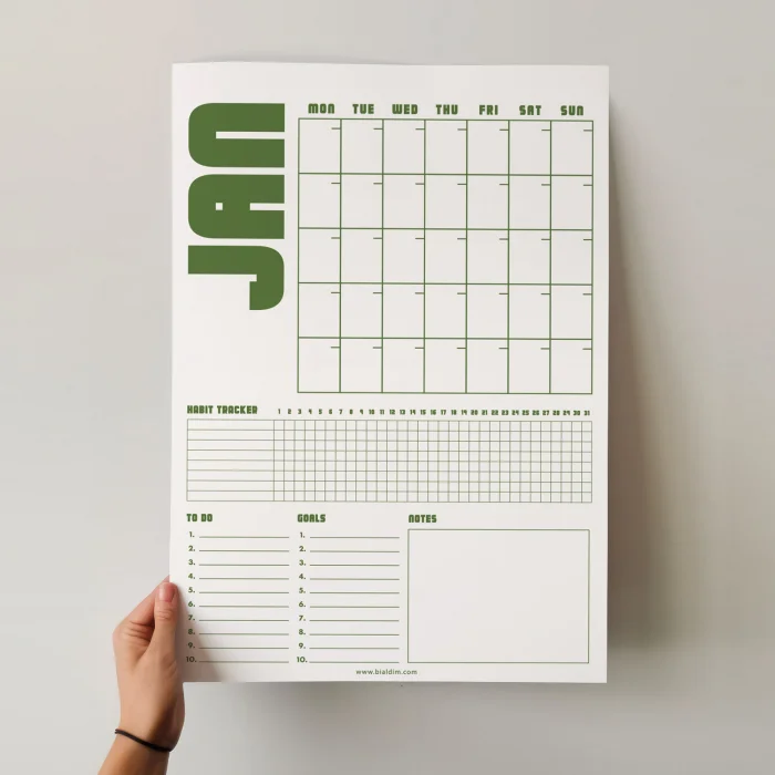 Tarihsiz Aylık Planlayıcı Takvim, Matcha Yeşil Retro Organizer Duvar Planlayıcı