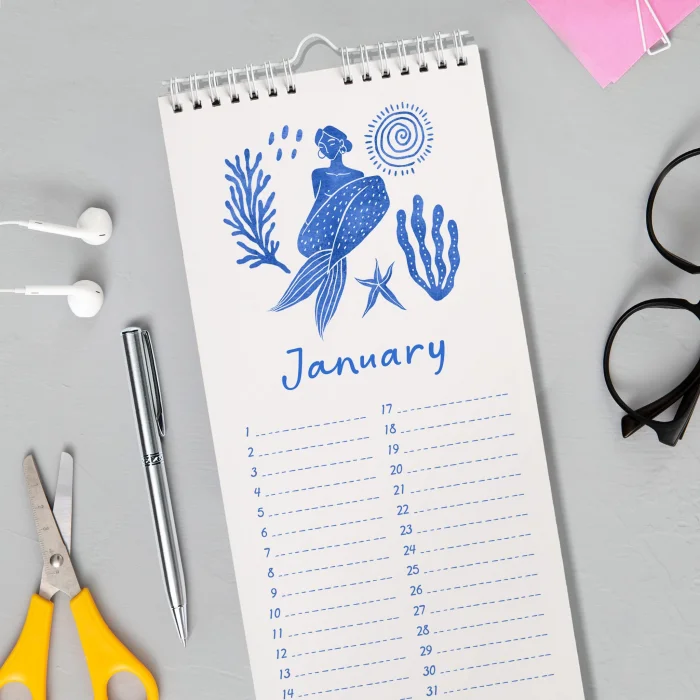 Tarihsiz Doğum Günü Takvimi, Denizkıızı, Okyanus Sanatı Takvim, 12 Aylık Sürekli Takvim, 14 x 29,7 cm, Planlayıcı Takvim