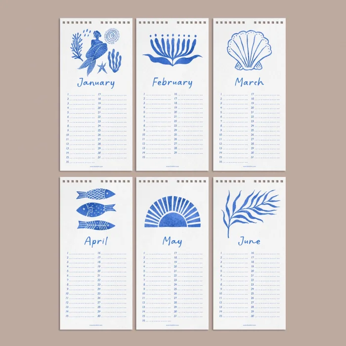 Tarihsiz Doğum Günü Takvimi, Denizkıızı, Okyanus Sanatı Takvim, 12 Aylık Sürekli Takvim, 14 x 29,7 cm, Planlayıcı Takvim