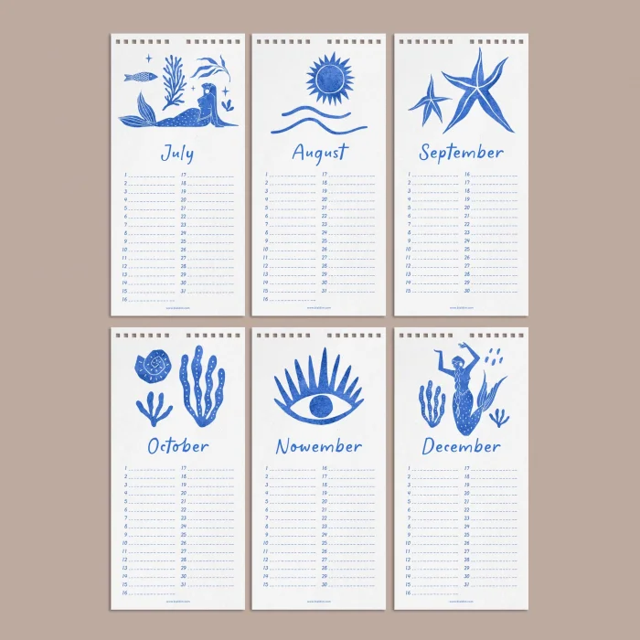 Tarihsiz Doğum Günü Takvimi, Denizkıızı, Okyanus Sanatı Takvim, 12 Aylık Sürekli Takvim, 14 x 29,7 cm, Planlayıcı Takvim