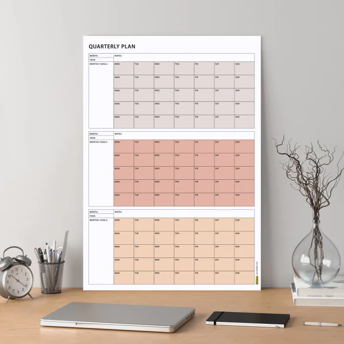 Tarihsiz Üç Aylık Duvar Takvimi, 90 Günlük Plan, Duvar Planlayıcı, Boho Renk, Toprak Tonu - 35x50 cm
