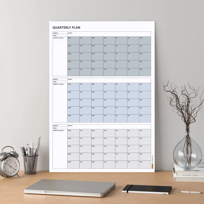 Tarihsiz Üç Aylık Duvar Takvimi, 90 Günlük Plan, Duvar Planlayıcı, Gri Renk - 35x50 cm