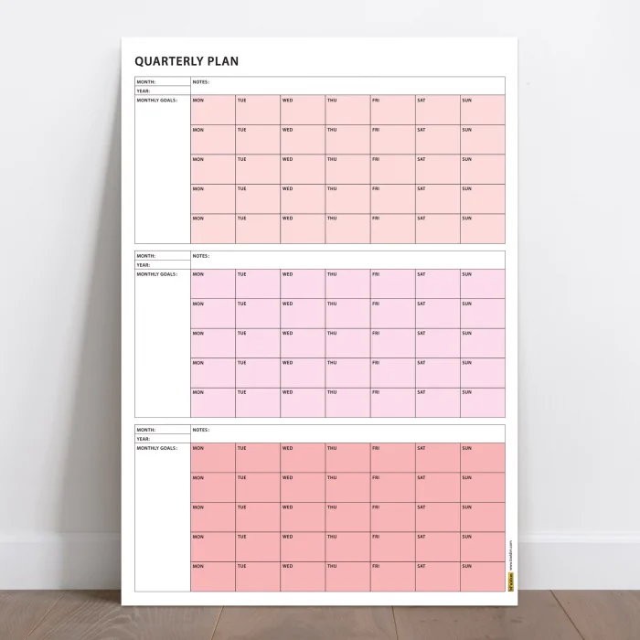 Tarihsiz Üç Aylık Duvar Takvimi, 90 Günlük Plan, Duvar Planlayıcı, Pembe Renk - 70x100 cm