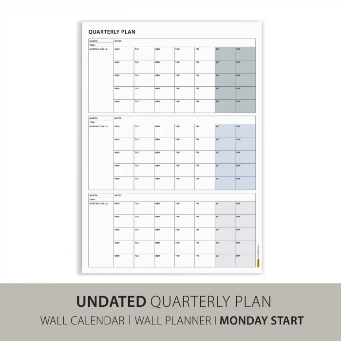 Tarihsiz Üç Aylık Duvar Takvimi, Gri Renk, Üç Aylık Duvar Planlayıcısı, 90 Günlük Takvim, 90 Günlük Plan - 50x70 cm