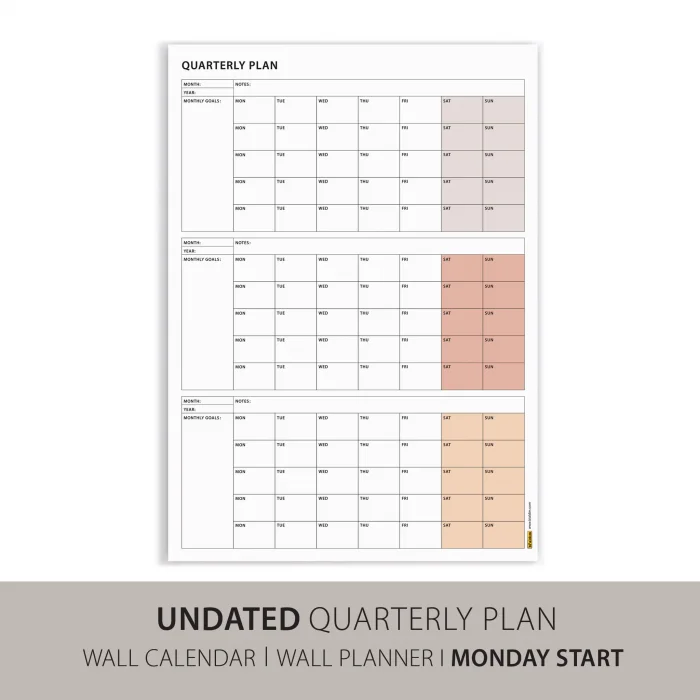 Tarihsiz Üç Aylık Duvar Takvimi, Kahverengi, Üç Aylık Duvar Planlayıcısı, 90 Günlük Takvim, 90 Günlük Plan - 50x70cm
