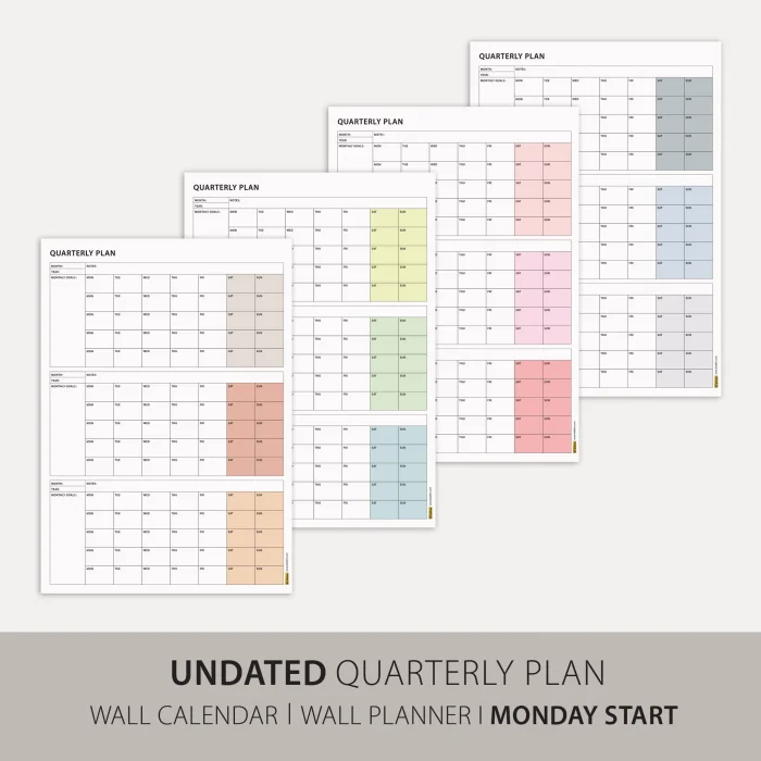 Tarihsiz Üç Aylık Duvar Takvimi Seti, Üç Aylık Duvar Planlayıcısı, 90 Günlük Takvim, 90 Günlük Plan - 50x70cm
