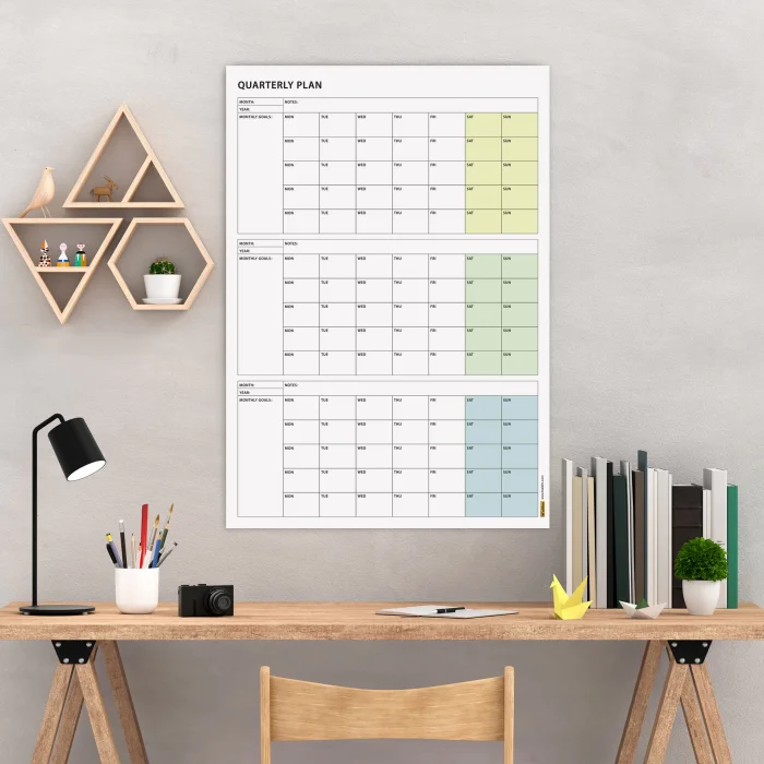 Tarihsiz Üç Aylık Duvar Takvimi, Yeşil, Üç Aylık Duvar Planlayıcısı, 90 Günlük Takvim, 90 Günlük Plan, 50x70cm