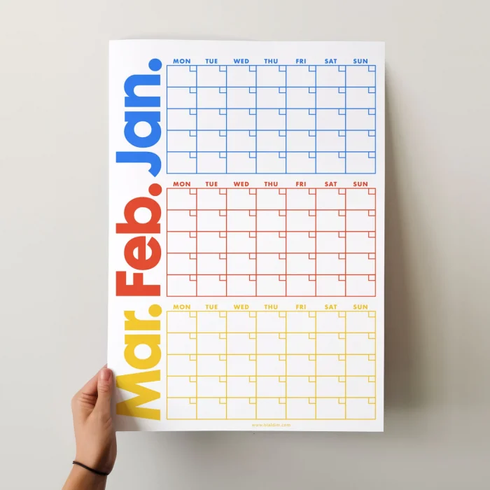 Tarihsiz Üç Aylık Duvar Takvimi, Zamansız Takvim, Planlayıcı Takvim, Rengarenk Duvar Takvimi - 33x48 cm