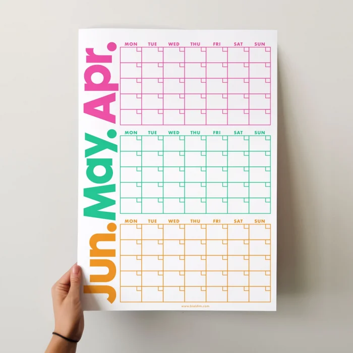 Rengarenk Duvar Takvimi, ikinci Çeyrek 90 Günlük Takvim, 90 Günlük Plan, Yıllık Duvar Planlayıcı, Yılın ikinci çeyreği Takvimi - 33x48cm