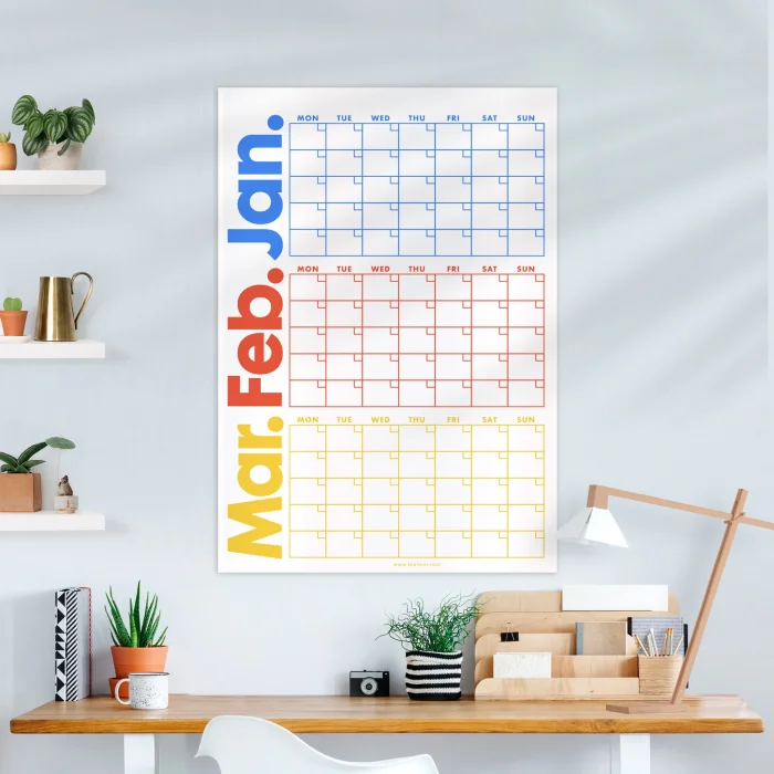 Tarihsiz Üç Aylık Duvar Takvimi, Zamansız Takvim, Planlayıcı Takvim, Rengarenk Duvar Takvimi - 50x70 cm