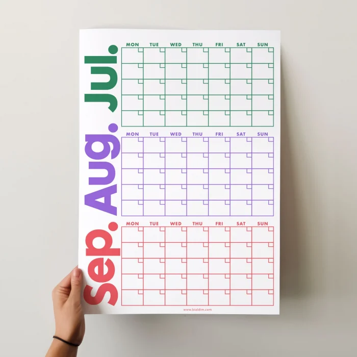 Tarihsiz Üç Aylık Duvar Takvimi, Zamansız Takvim, üçüncü Çeyrek 90 Günlük Takvim, 90 Günlük Plan - 50x70cm