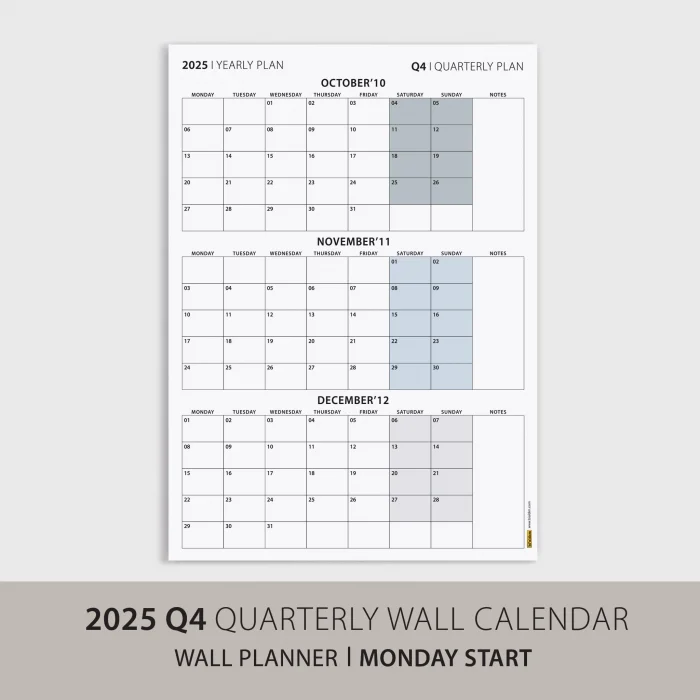 Üç Aylık Planlayıcı 2025 Duvar Takvimi, Ekim - Aralık 2025, 90 Günlük Planlama, Yılın Dördüncü Çeyreği Takvimi - 50x70cm