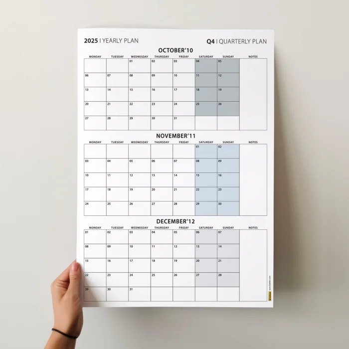 Üç Aylık Planlayıcı 2025 Duvar Takvimi, Ekim - Aralık 2025, 90 Günlük Planlama, Yılın Dördüncü Çeyreği Takvimi - 70x100cm