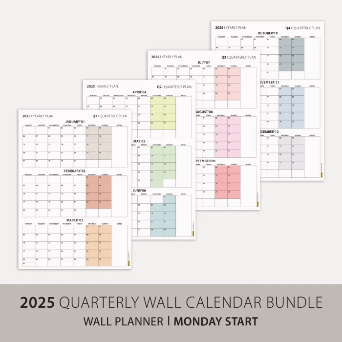 Üç Aylık Planlayıcı 2025 Duvar Takvimi Seti, 90 Günlük Planlama, 2025 Duvar Planlayıcı Takvim, Boho Renkler, 12 Hafta Planlayıcı Takvimi - 35x50cm