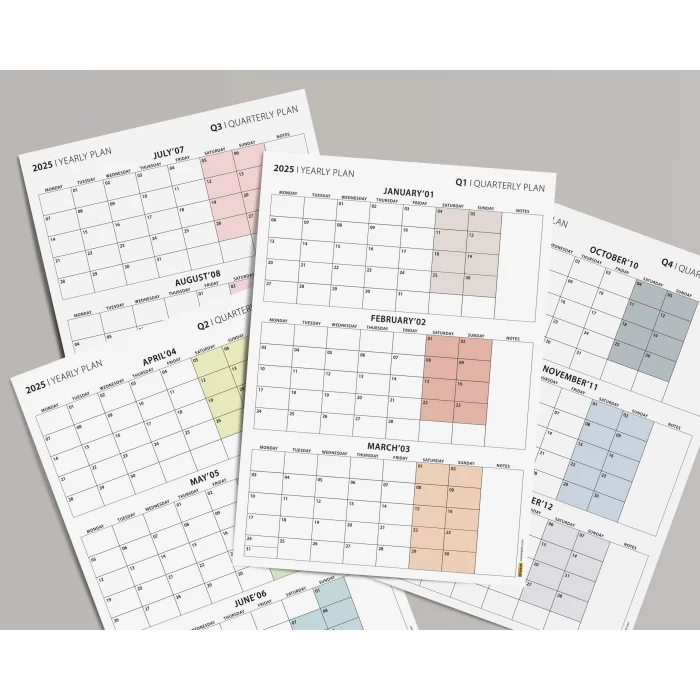 Üç Aylık Planlayıcı 2025 Duvar Takvimi Seti, 90 Günlük Planlama, 2025 Duvar Planlayıcı Takvim, Boho Renkler, 12 Hafta Planlayıcı Takvimi - 70x100cm