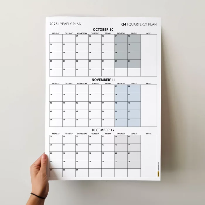 Üç Aylık Planlayıcı 2026 Duvar Takvimi, Ekim - Aralık 2026, 90 Günlük Planlama, Yılın Dördüncü Çeyreği Takvimi - 35x50cm