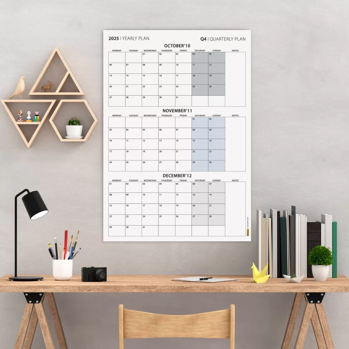 Üç Aylık Planlayıcı 2026 Duvar Takvimi, Ekim - Aralık 2026, 90 Günlük Planlama, Yılın Dördüncü Çeyreği Takvimi - 50x70cm