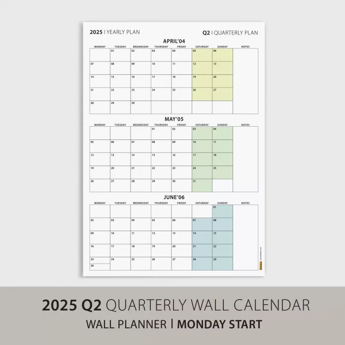 Üç Aylık Planlayıcı 2026 Duvar Takvimi, Nisan - Haziran 2026, 90 Günlük Planlama, Yılın İkinci Çeyreği Takvimi - 35x50cm