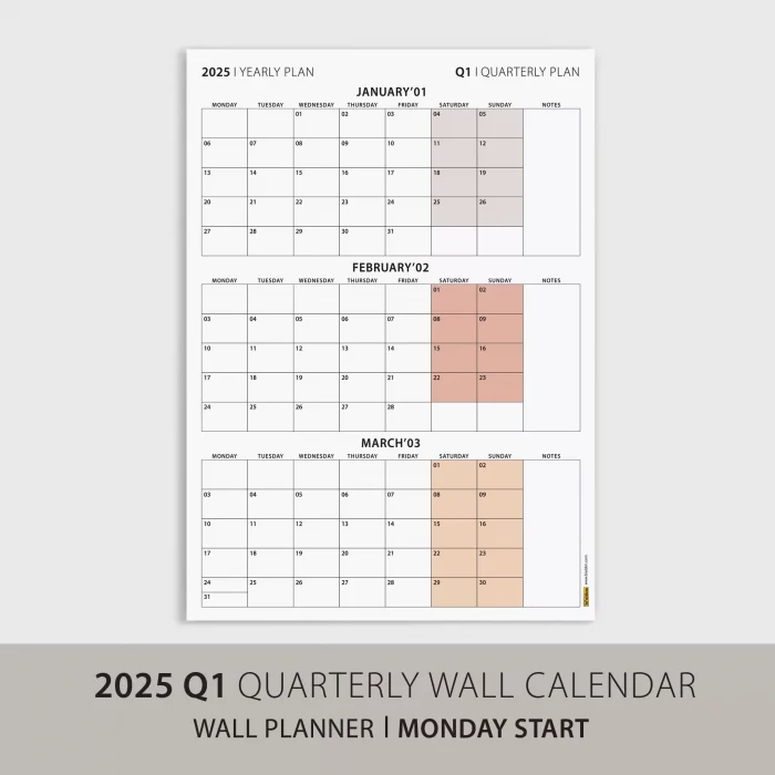 Üç Aylık Planlayıcı 2026 Duvar Takvimi, Ocak - Mart 2026, 90 Günlük Planlama, Yılın Birinci Çeyreği Takvimi - 50x70cm