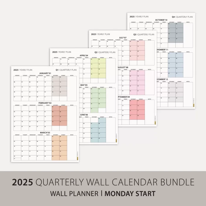 Üç Aylık Planlayıcı 2026 Duvar Takvimi Seti, 90 Günlük Planlama, 2026 Duvar Planlayıcı Takvim, Boho Renkler, 12 Hafta Planlayıcı Takvimi - 35x50cm