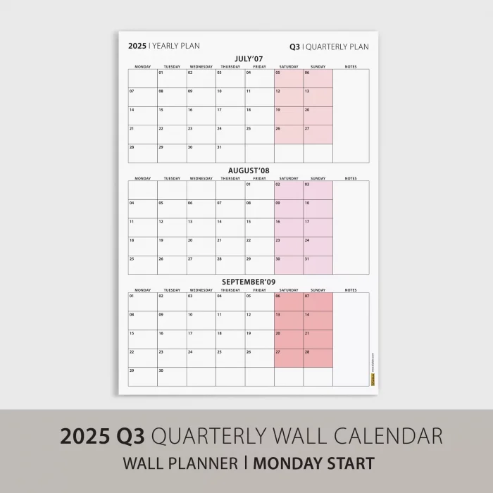Üç Aylık Planlayıcı 2026 Duvar Takvimi, Temmuz - Eylül 2026, 90 Günlük Planlama, Yılın Üçüncü Çeyreği Takvimi - 70x100cm