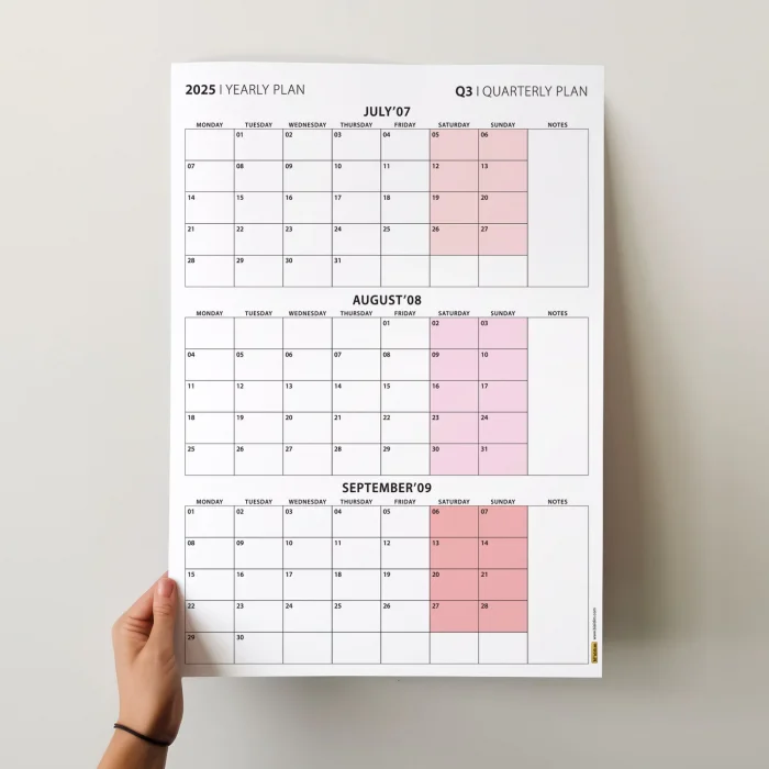 Üç Aylık Planlayıcı 2026 Duvar Takvimi, Temmuz - Eylül 2026, 90 Günlük Planlama, Yılın Üçüncü Çeyreği Takvimi - 70x100cm