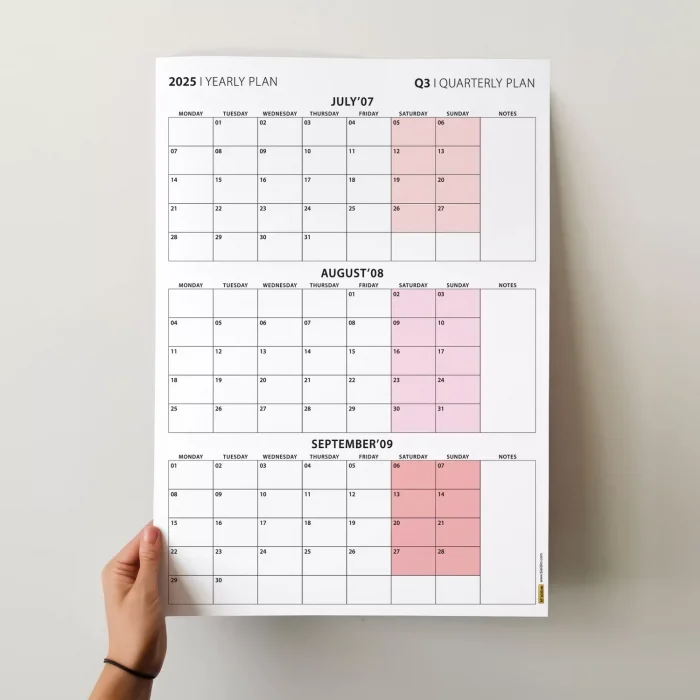 Üç Aylık Planlayıcı 2027 Duvar Takvimi, Temmuz - Eylül 2027, 90 Günlük Planlama, Yılın Üçüncü Çeyreği Takvimi - 35x50cm