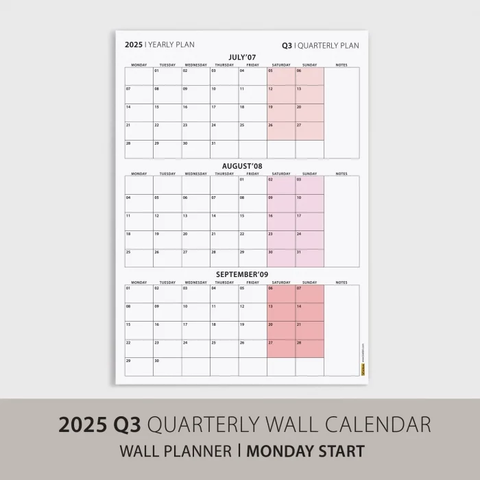 Üç Aylık Planlayıcı 2027 Duvar Takvimi, Temmuz - Eylül 2027, 90 Günlük Planlama, Yılın Üçüncü Çeyreği Takvimi - 35x50cm