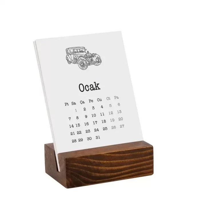 Vintage Araba Serisi Masa Takvimi | Ahşap Tabanlı 2025 Masa Takvimi