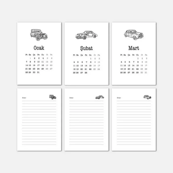 Vintage Araba Serisi Masa Takvimi | Ahşap Tabanlı 2025 Masa Takvimi