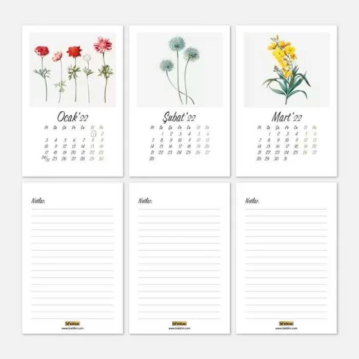 Vintage Çiçekler Takvim 2026 Masa Takvimi Kraft
