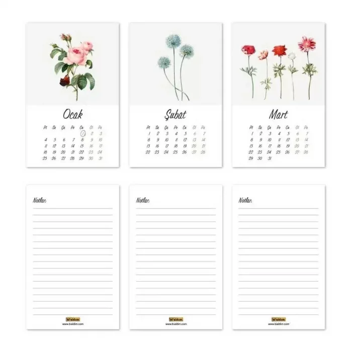 Vintage Çiçekli 2026 Masa Takvimi