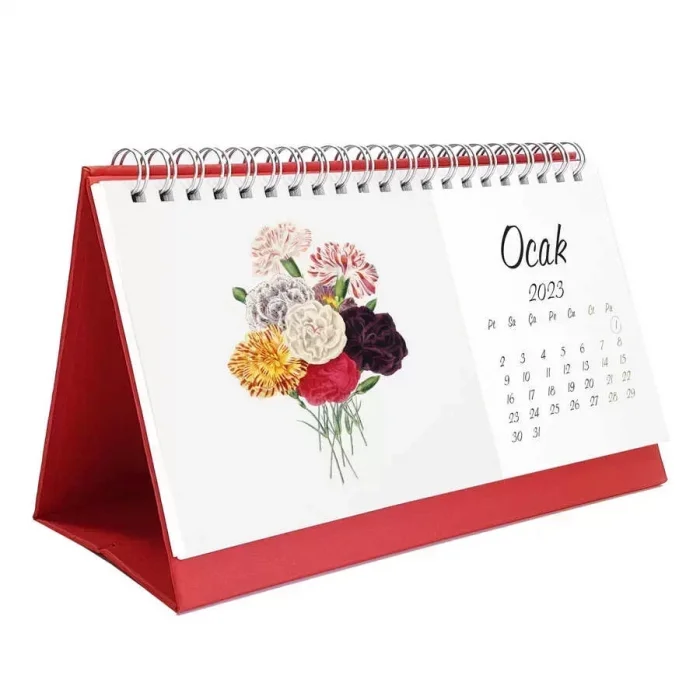 Vintage Çiçekli 2026 Masa Takvimi Kırmızı Renk