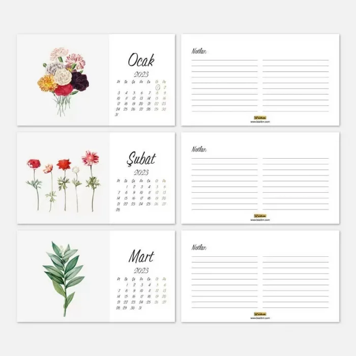 Vintage Çiçekli 2026 Masa Takvimi Kırmızı Renk