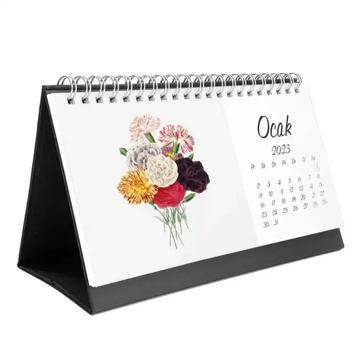 Vintage Çiçekli 2026 Masa Takvimi Siyah Renk