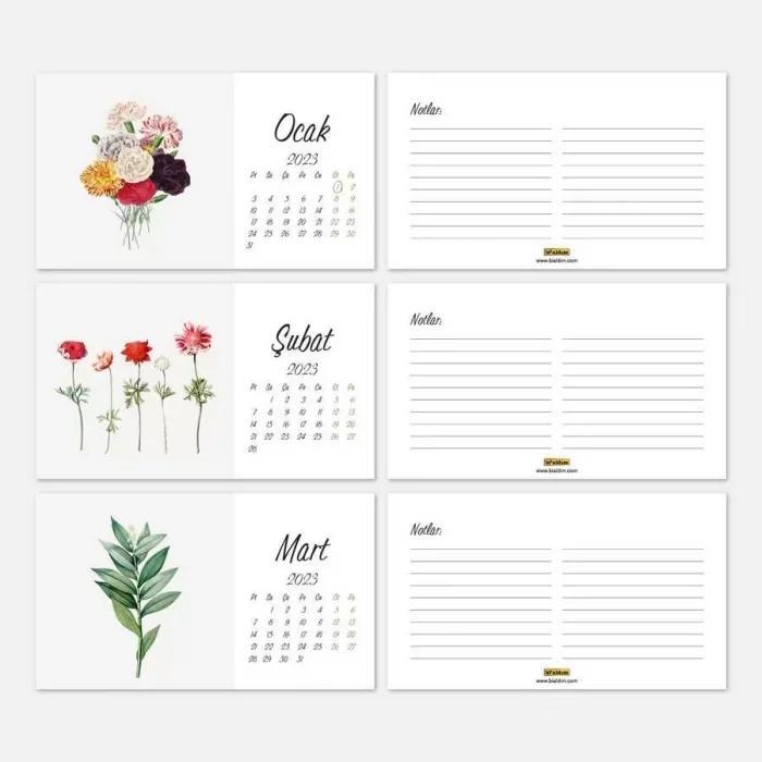 Vintage Çiçekli 2026 Masa Takvimi Siyah Renk