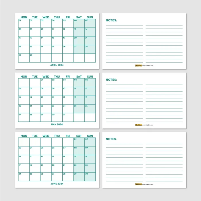 Yeşil Renkli Aylık Planlama 2026 Takvim, 2026 Masa Takvimi, Green Color Monthly Planner Calendar