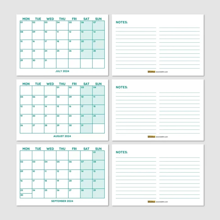 Yeşil Renkli Aylık Planlama 2027 Takvim, 2027 Masa Takvimi, Green Color Monthly Planner Calendar