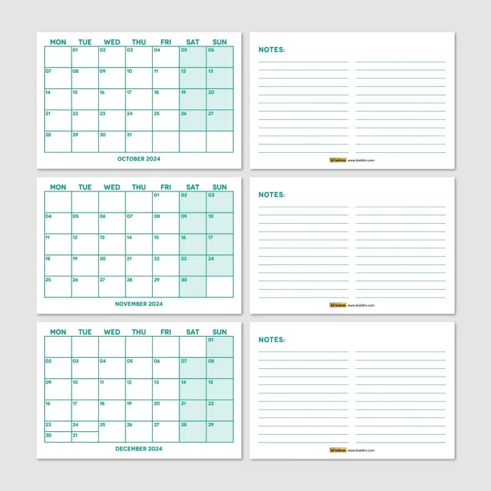 Yeşil Renkli Aylık Planlama 2027 Takvim, 2027 Masa Takvimi, Green Color Monthly Planner Calendar