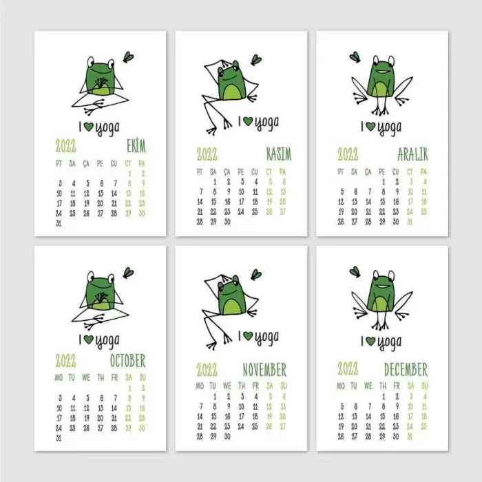 Yoga Takvim Yoga Yapan Kurbağa Türkçe İngilizce 2025 Masa Takvimi Yeşil