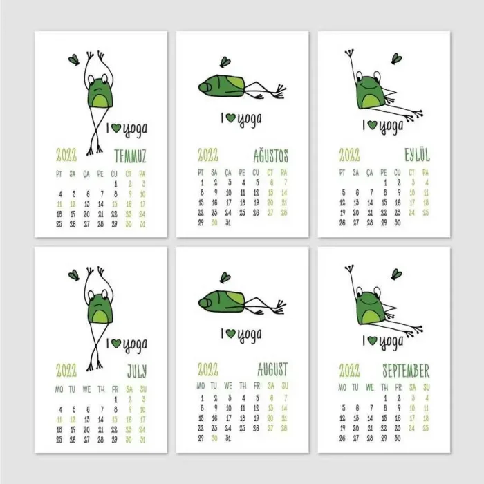 Yoga Takvim Yoga Yapan Kurbağa Türkçe İngilizce 2025 Masa Takvimi Yeşil