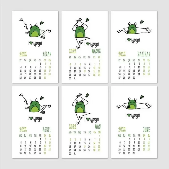 Yoga Takvim Yoga Yapan Kurbağa Türkçe İngilizce 2025 Masa Takvimi Yeşil