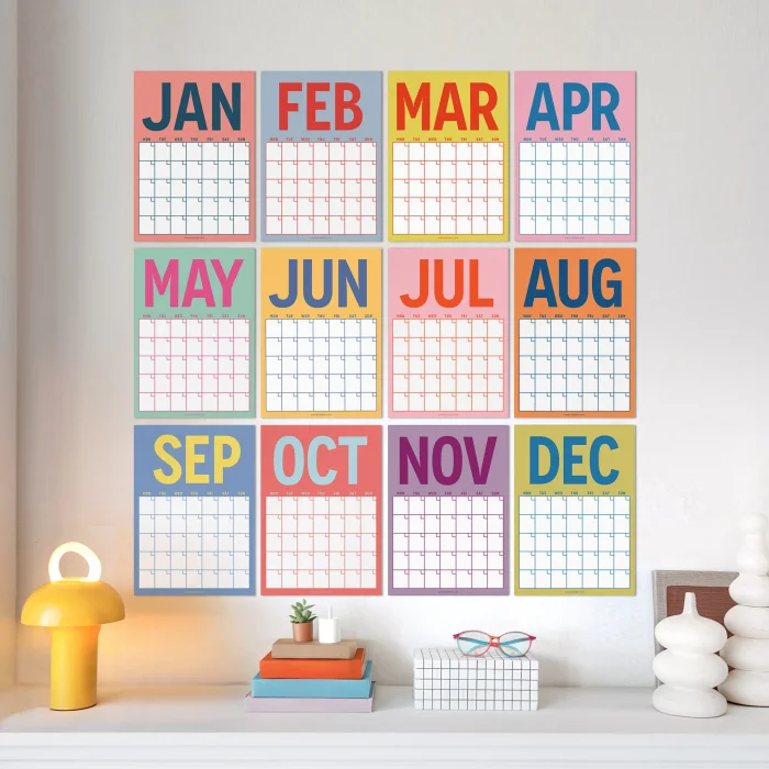 Zamansız Aylık Planlayıcı Dev Takvim, Sürekli Takvim, 12 Ay Tarihsiz Takvim, 33 x 48 cm, A4, Pastel Parlak Retro Renkler
