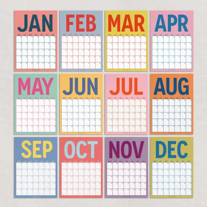 Zamansız Aylık Planlayıcı Dev Takvim, Sürekli Takvim, 12 Ay Tarihsiz Takvim, 33 x 48 cm, A4, Pastel Parlak Retro Renkler