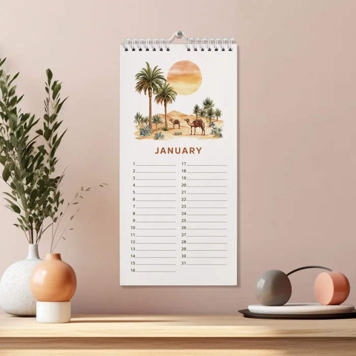 Zamansız Doğum Günü Takvimi, Fas Manzaralı Dekoratif Takvim, 14 x 29,7 cm, 12 Aylık Tarihsiz Sürekli Takvim, Aylık Planlayıcı Takvim