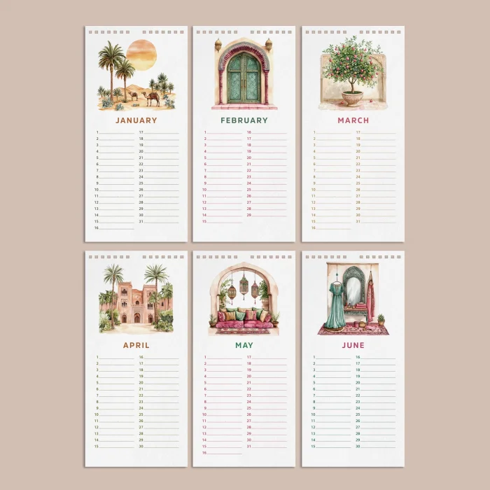 Zamansız Doğum Günü Takvimi, Fas Manzaralı Dekoratif Takvim, 14 x 29,7 cm, 12 Aylık Tarihsiz Sürekli Takvim, Aylık Planlayıcı Takvim