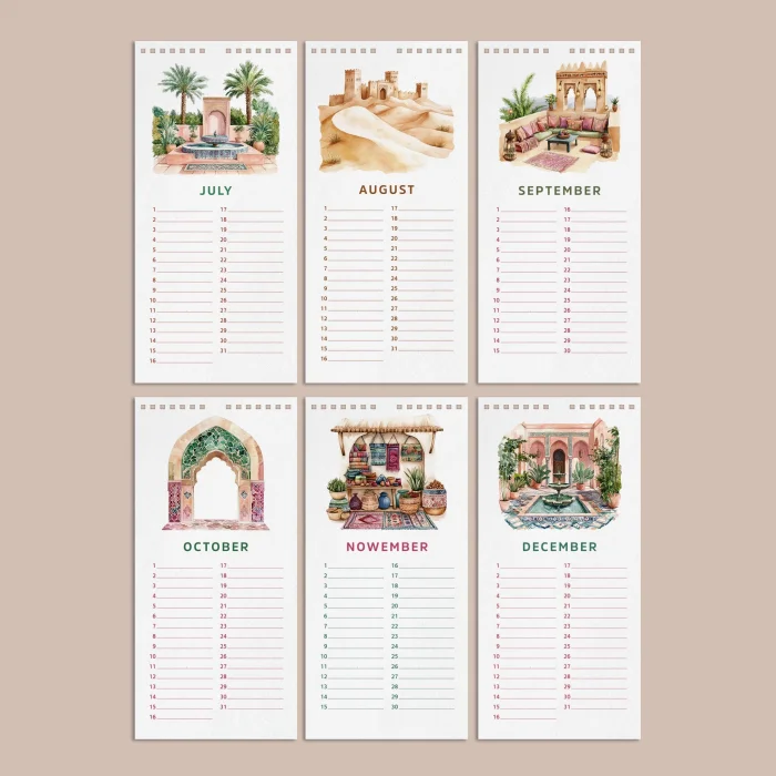 Zamansız Doğum Günü Takvimi, Fas Manzaralı Dekoratif Takvim, 14 x 29,7 cm, 12 Aylık Tarihsiz Sürekli Takvim, Aylık Planlayıcı Takvim