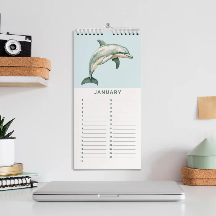 Zamansız Doğum Günü Takvimi, Okyanus Esintili Dekoratif Takvim, 14 x 29,7 cm, 12 Aylık Tarihsiz Sürekli Takvim, Aylık Planlayıcı Takvim