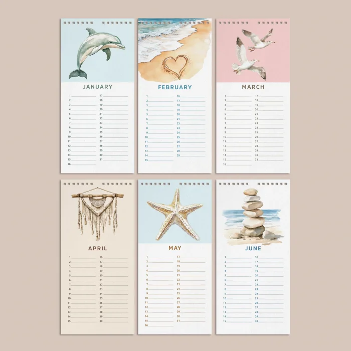 Zamansız Doğum Günü Takvimi, Okyanus Esintili Dekoratif Takvim, 14 x 29,7 cm, 12 Aylık Tarihsiz Sürekli Takvim, Aylık Planlayıcı Takvim